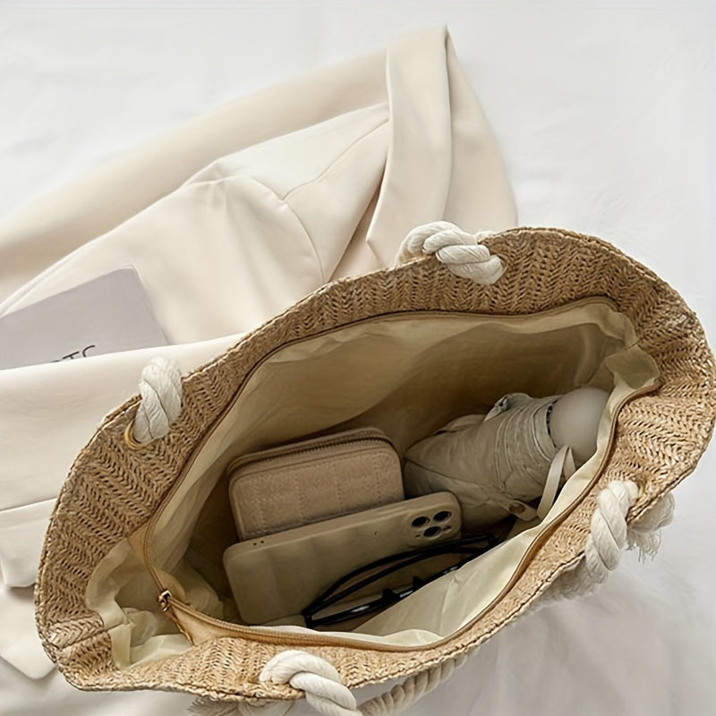 Large Capacity Woven Beach Tote Bag – Solid Color Pastoral Style Shoulder Bag for Vacation & Summer Travel