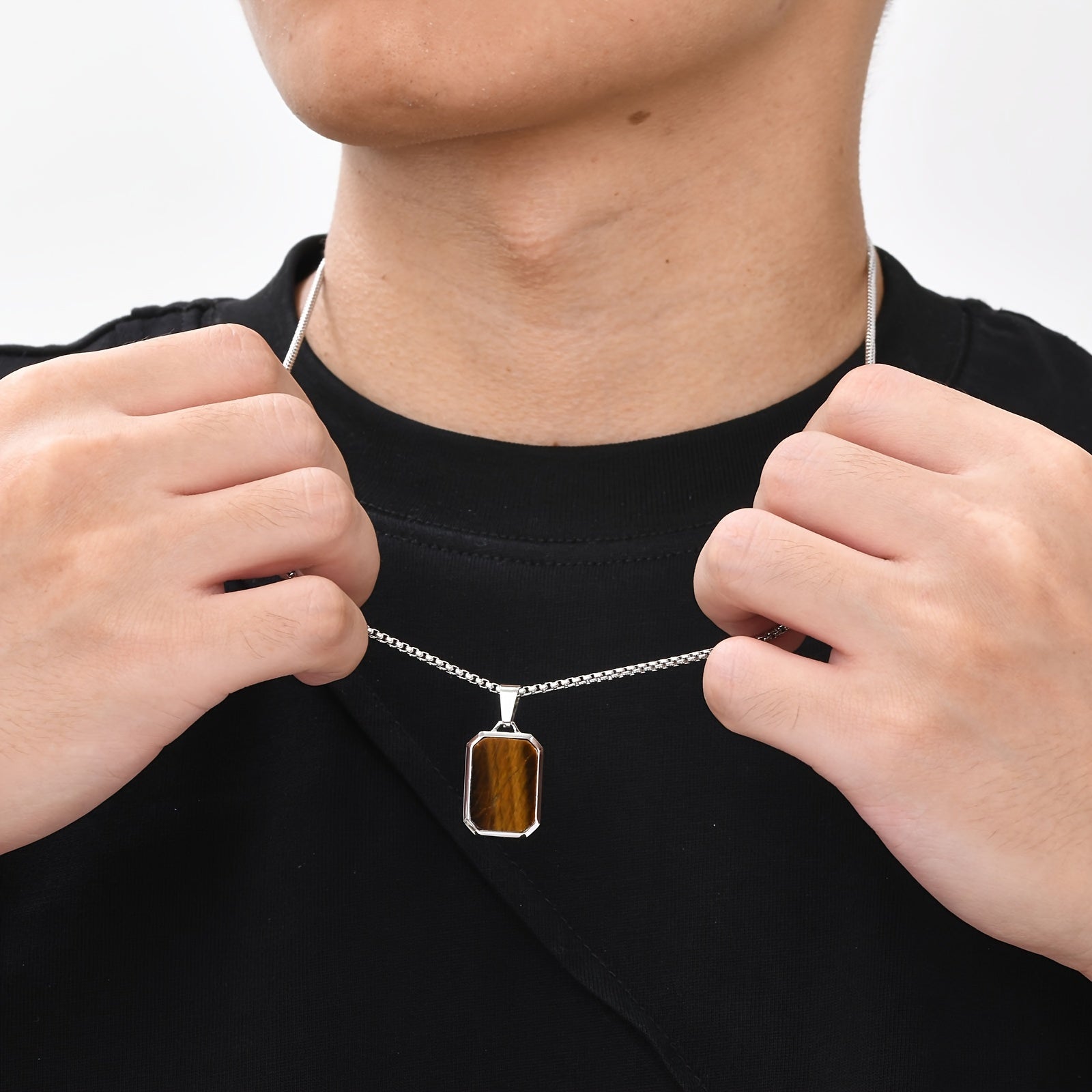 *Men’s 3D Rectangular Natural Stone Pendant Necklace – Green & Brown Geometric Stainless Steel Jewelry | Fashion Gift for Him