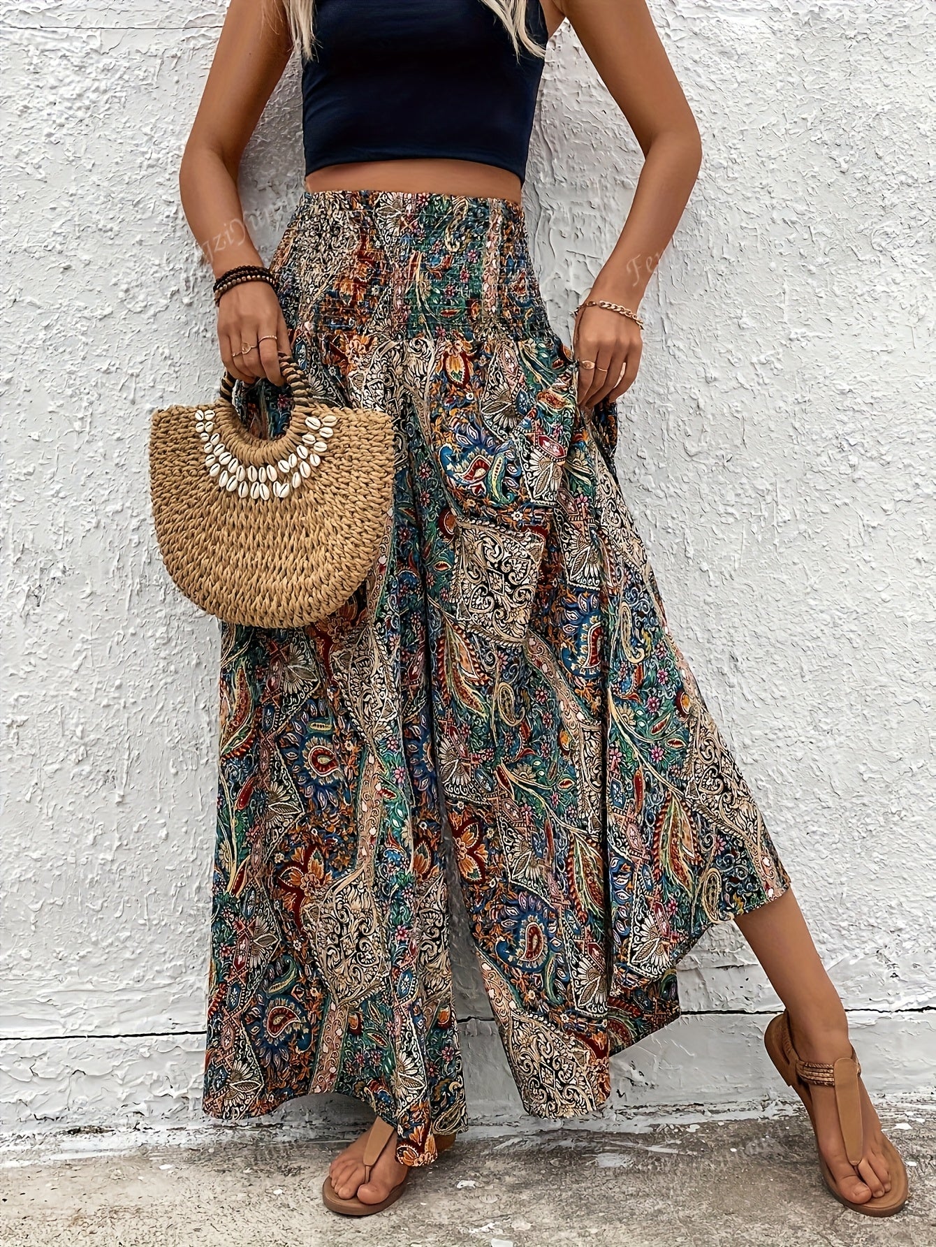 Bohemian Style Wide Leg Pants Women | High Waisted Elastic Casual Trousers for Spring Summer Autumn