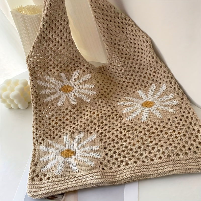 *Knitted Chrysanthemum Pattern Shoulder Bag – Jacquard Woven Floral Tote Bag for Women Casual Boho Style