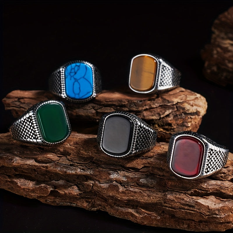 Men’s Vintage 316L Stainless Steel Ring with Natural Tiger’s Eye Stone – Durable Statement Signet Ring for Casual Formal Wear