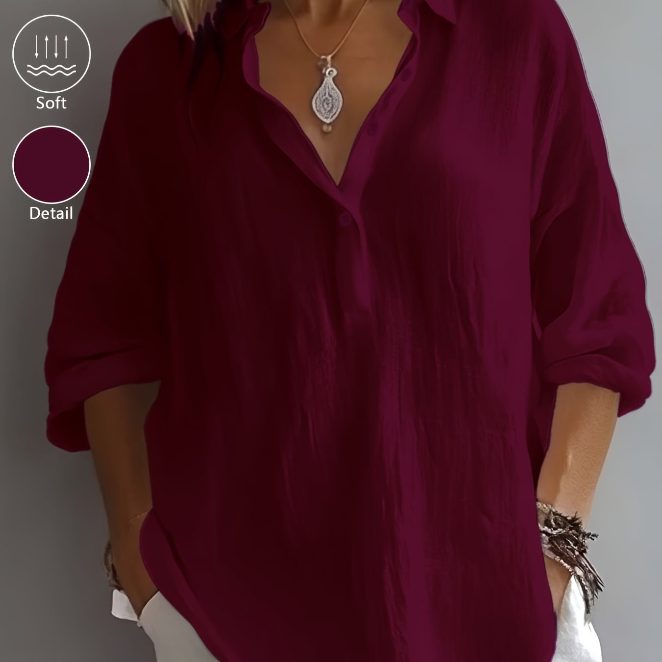 Women’s Classic Cotton Shirt – 3/4 Sleeve Button-Up Lapel Collar Blouse for Office & Casual Wear