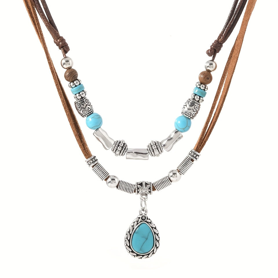 Bohemian Turquoise Multi-Layer Necklace with Braided PU Cord – Women’s Alloy Pendant Jewelry