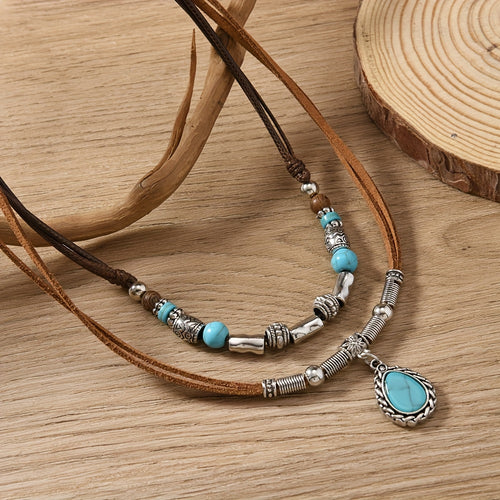 Bohemian Turquoise Multi-Layer Necklace with Braided PU Cord – Women’s Alloy Pendant Jewelry