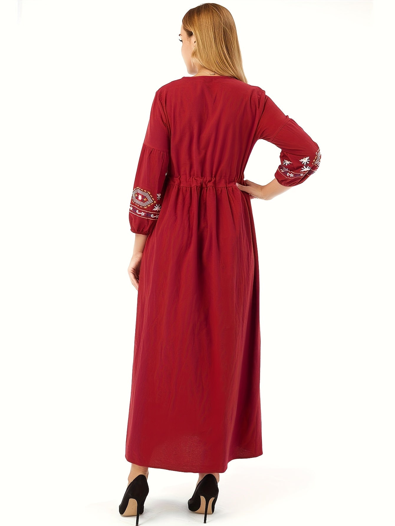 Embroidered Cotton Dress Women | Tie Neck Floral Boho Long Dress with Lantern Sleeves