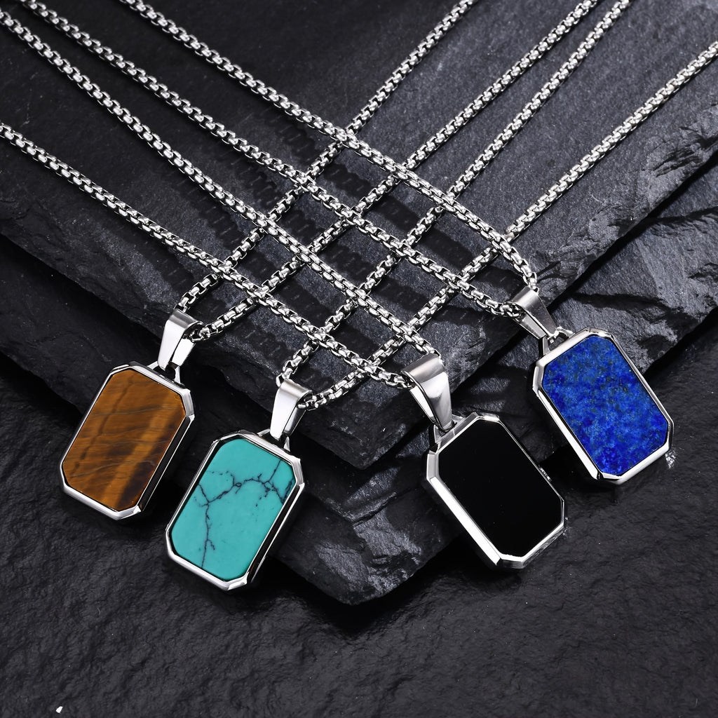 *Men’s 3D Rectangular Natural Stone Pendant Necklace – Green & Brown Geometric Stainless Steel Jewelry | Fashion Gift for Him