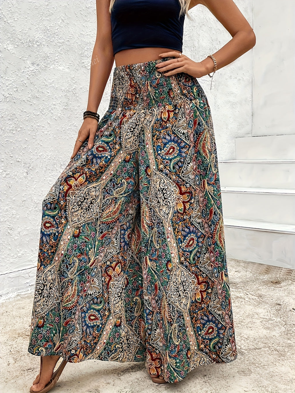 Bohemian Style Wide Leg Pants Women | High Waisted Elastic Casual Trousers for Spring Summer Autumn
