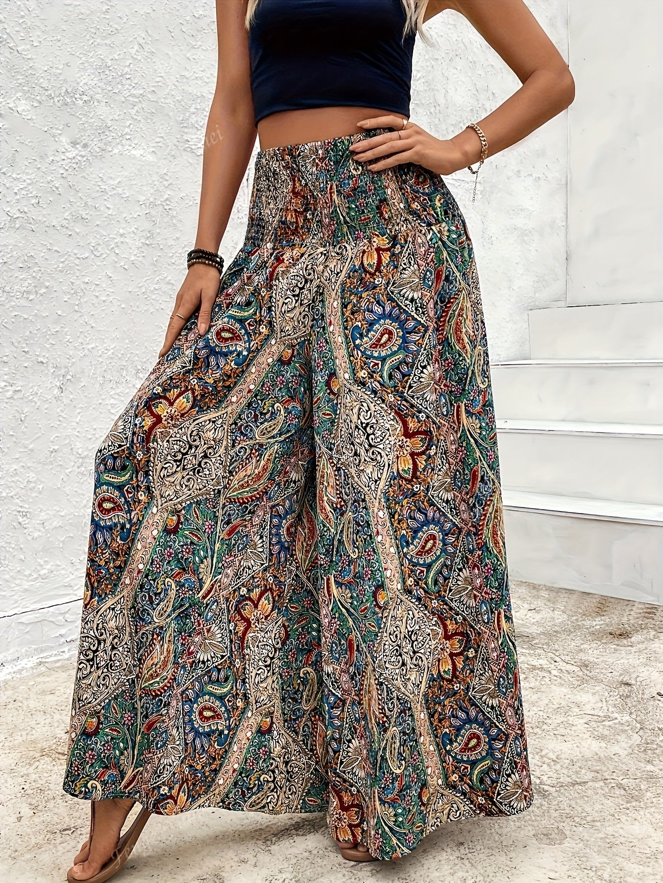 Bohemian Style Wide Leg Pants Women | High Waisted Elastic Casual Trousers for Spring Summer Autumn