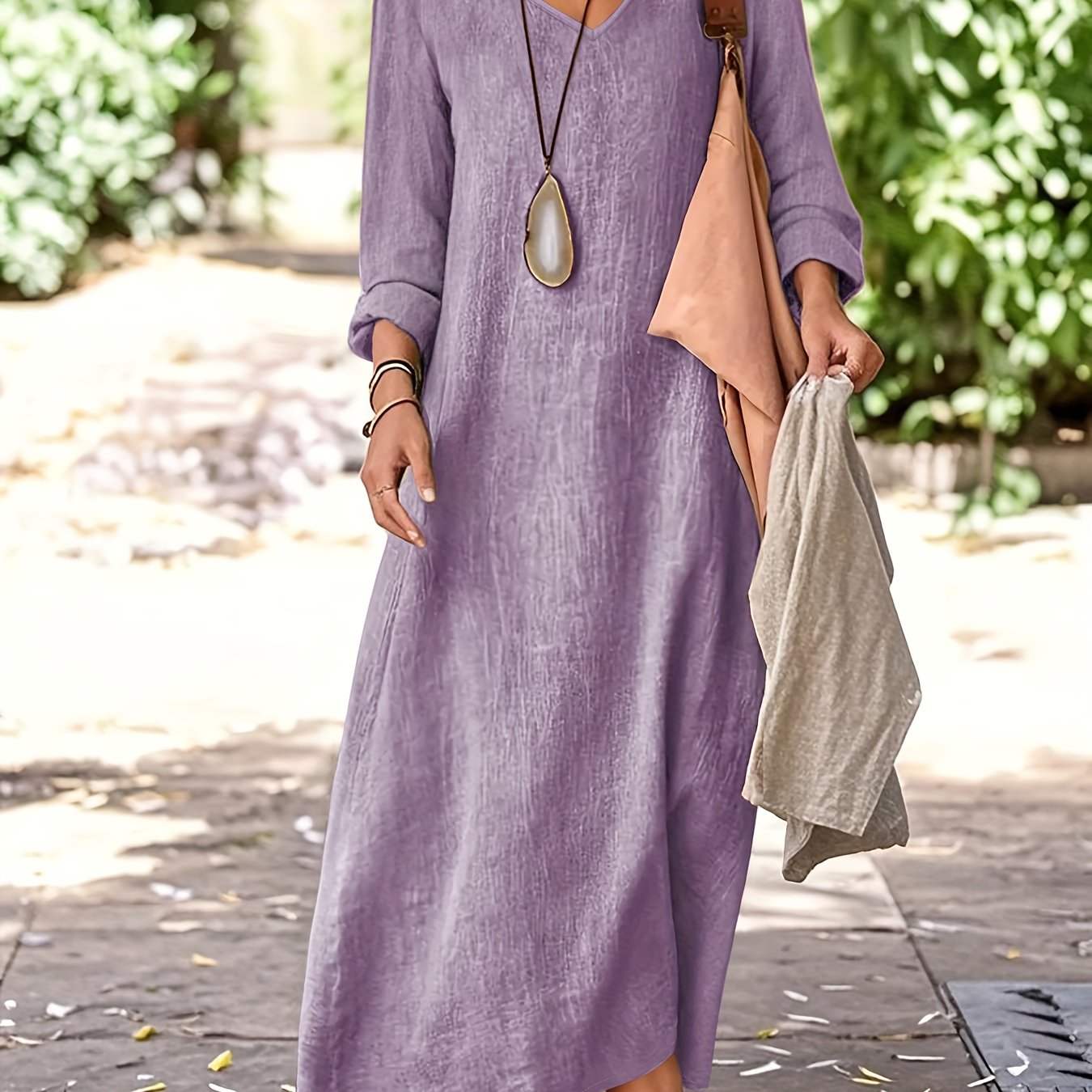 Linen V Neck Dress Women | Spring Autumn Long Sleeve Casual Vacation Dress Elegant A-Line