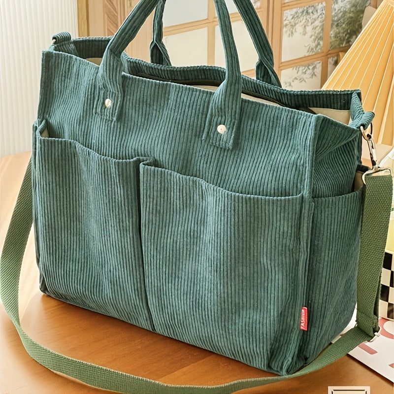 Japanese Style Corduroy Tote Bag with Multiple Pockets – Large Capacity Casual Commuter Shoulder Bag for Autumn, Winter
