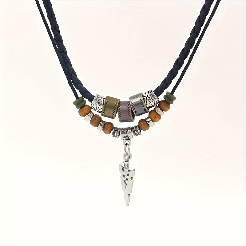 Men’s Vintage Tribal Arrow Necklace – Layered Synthetic Leather Cord Pendant, February Birthstone Valentine’s Gift