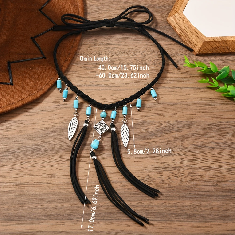 *Bohemian Tassel Necklace with Turquoise Beads – Vintage Black &amp; Brown Women’s Boho Jewelry Gift