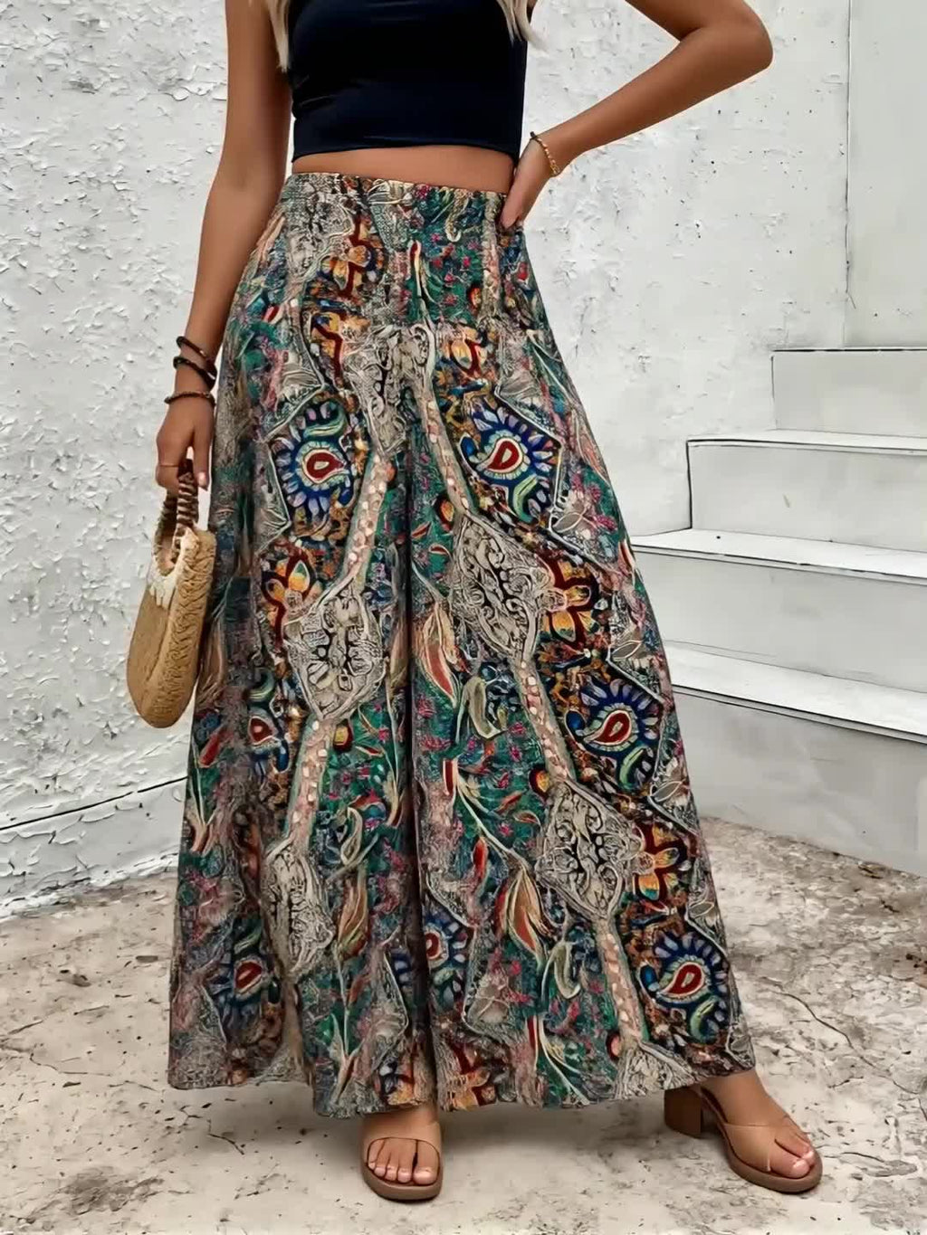 Bohemian Style Wide Leg Pants Women | High Waisted Elastic Casual Trousers for Spring Summer Autumn
