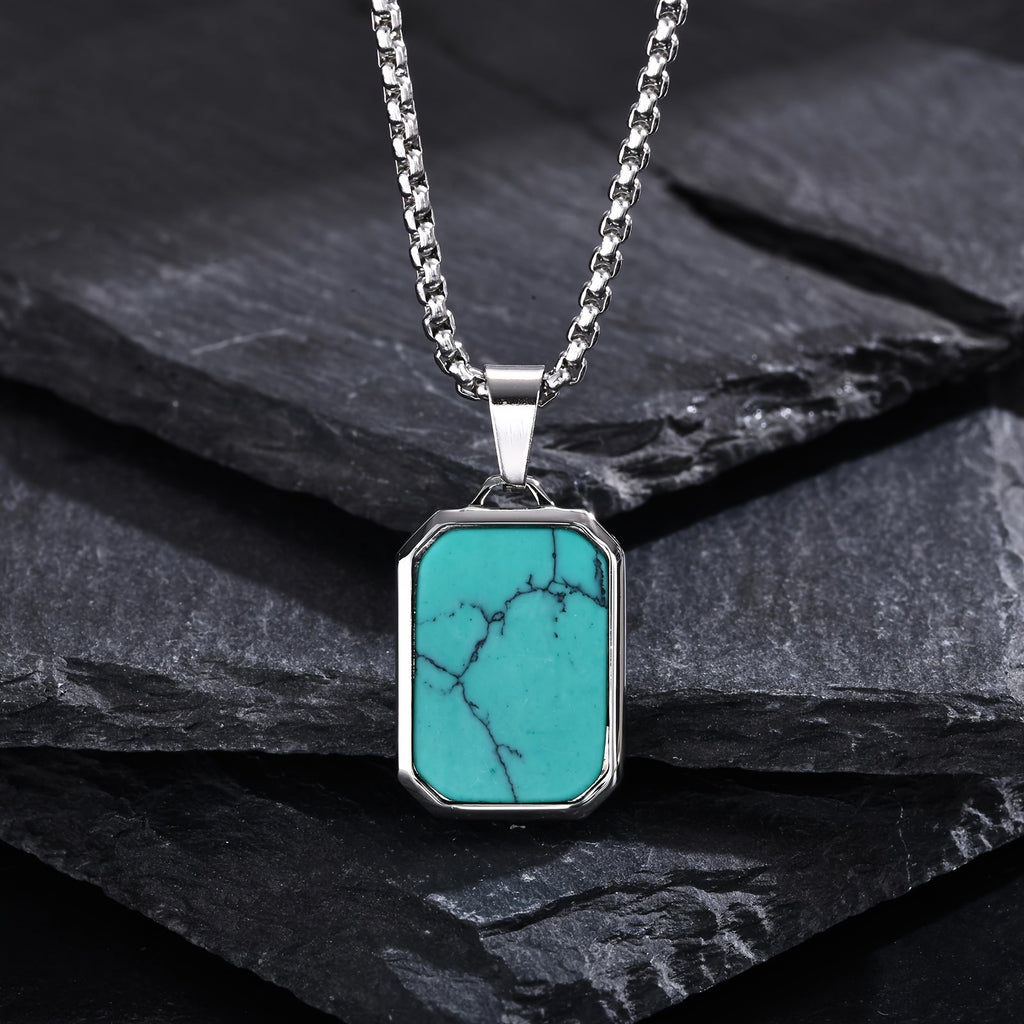 *Men’s 3D Rectangular Natural Stone Pendant Necklace – Green & Brown Geometric Stainless Steel Jewelry | Fashion Gift for Him