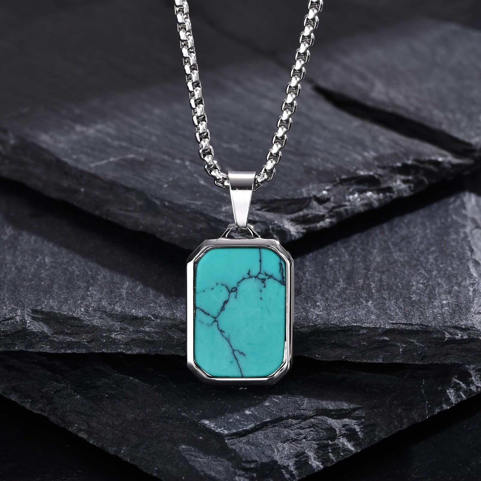 *Men’s 3D Rectangular Natural Stone Pendant Necklace – Green & Brown Geometric Stainless Steel Jewelry | Fashion Gift for Him