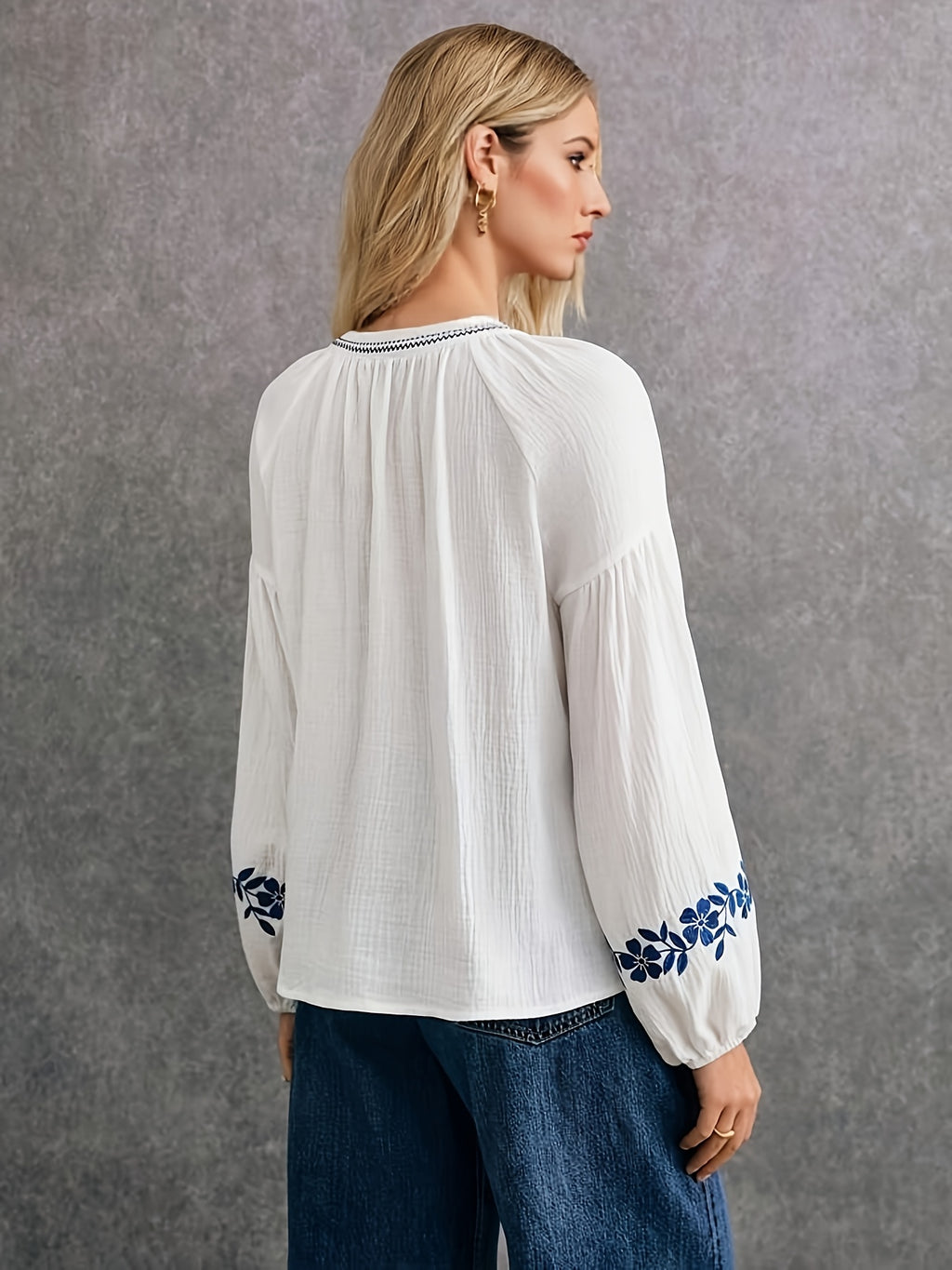French Style Embroidered White Cotton Shirt for Women | Breathable Long Sleeve Casual Blouse