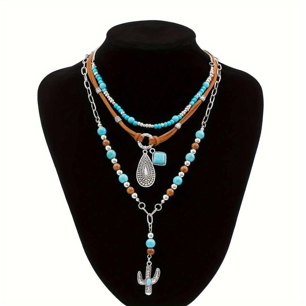3PCS Retro Turquoise Beaded Sweater Necklace Set – Boho Vintage Brown Velvet Layered Necklace Jewelry for Women