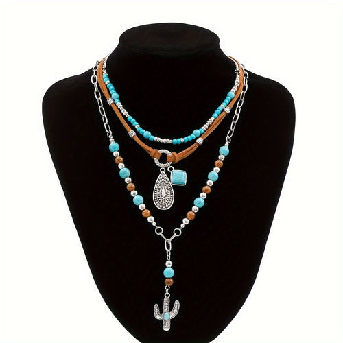 3PCS Retro Turquoise Beaded Sweater Necklace Set – Boho Vintage Brown Velvet Layered Necklace Jewelry for Women