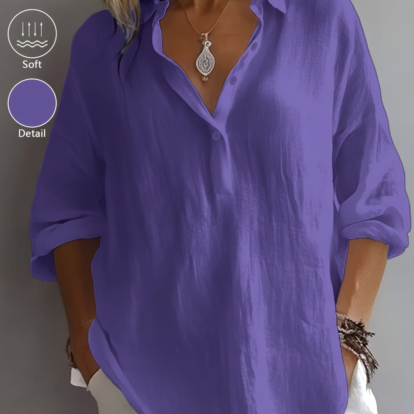 Women’s Classic Cotton Shirt – 3/4 Sleeve Button-Up Lapel Collar Blouse for Office & Casual Wear