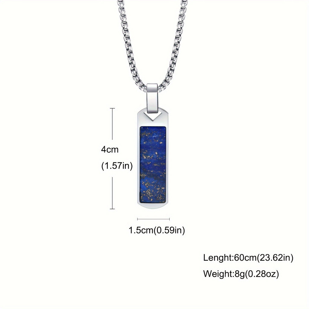 Men’s Natural Lapis Lazuli Bar Pendant Necklace – 304 Stainless Steel Rectangular Stone Jewelry Gift