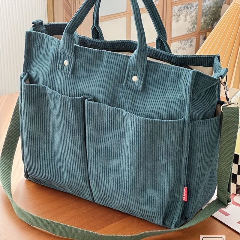 Japanese Style Corduroy Tote Bag with Multiple Pockets – Large Capacity Casual Commuter Shoulder Bag for Autumn, Winter