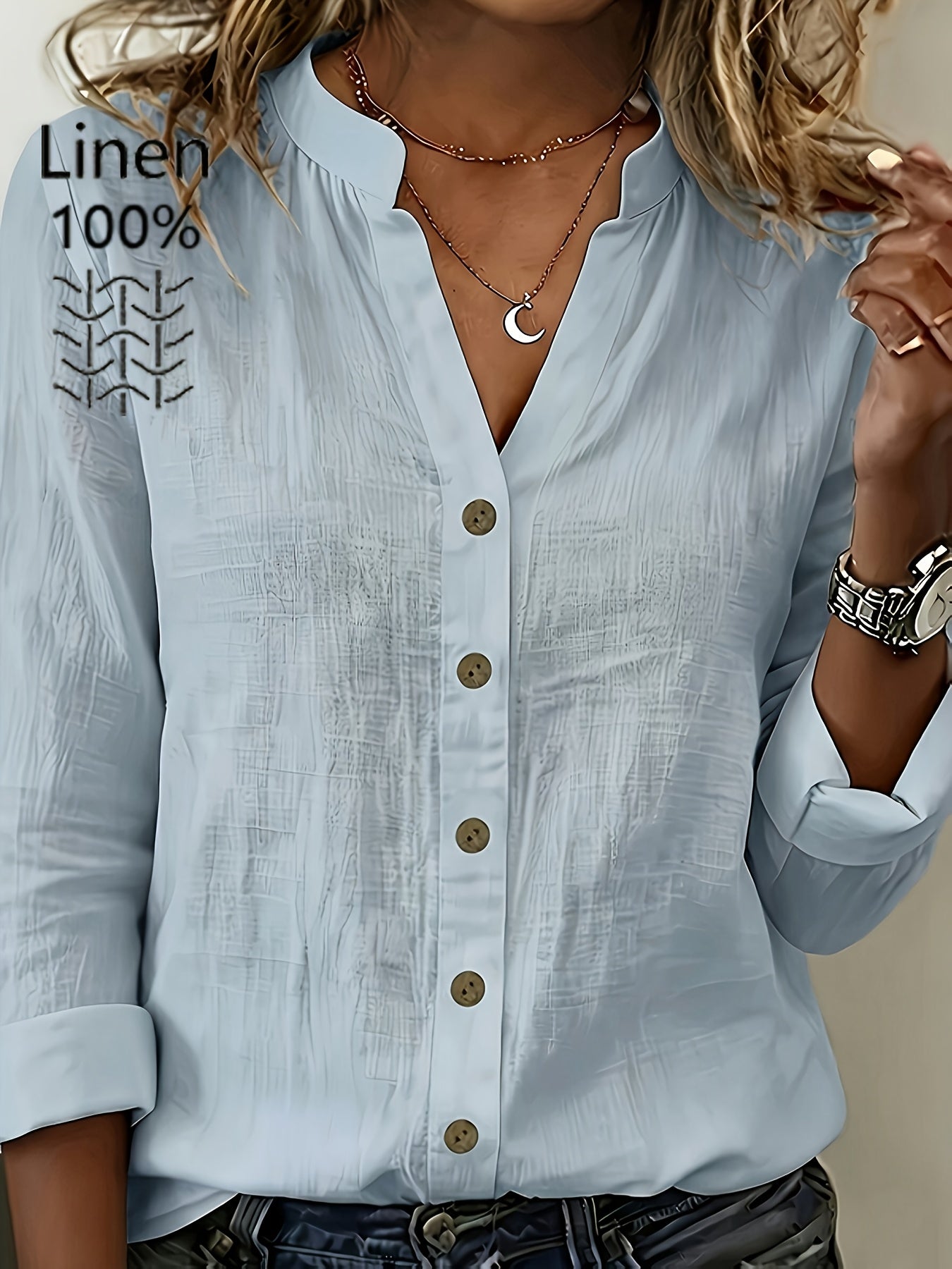 Women’s Vintage French Linen Shirt – Long Sleeve V-Neck Button-Up Loose Fit Casual Top for All Seasons