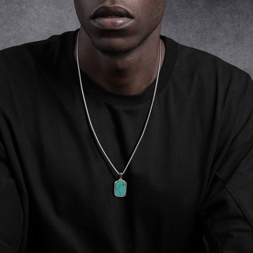*Men’s 3D Rectangular Natural Stone Pendant Necklace – Green & Brown Geometric Stainless Steel Jewelry | Fashion Gift for Him