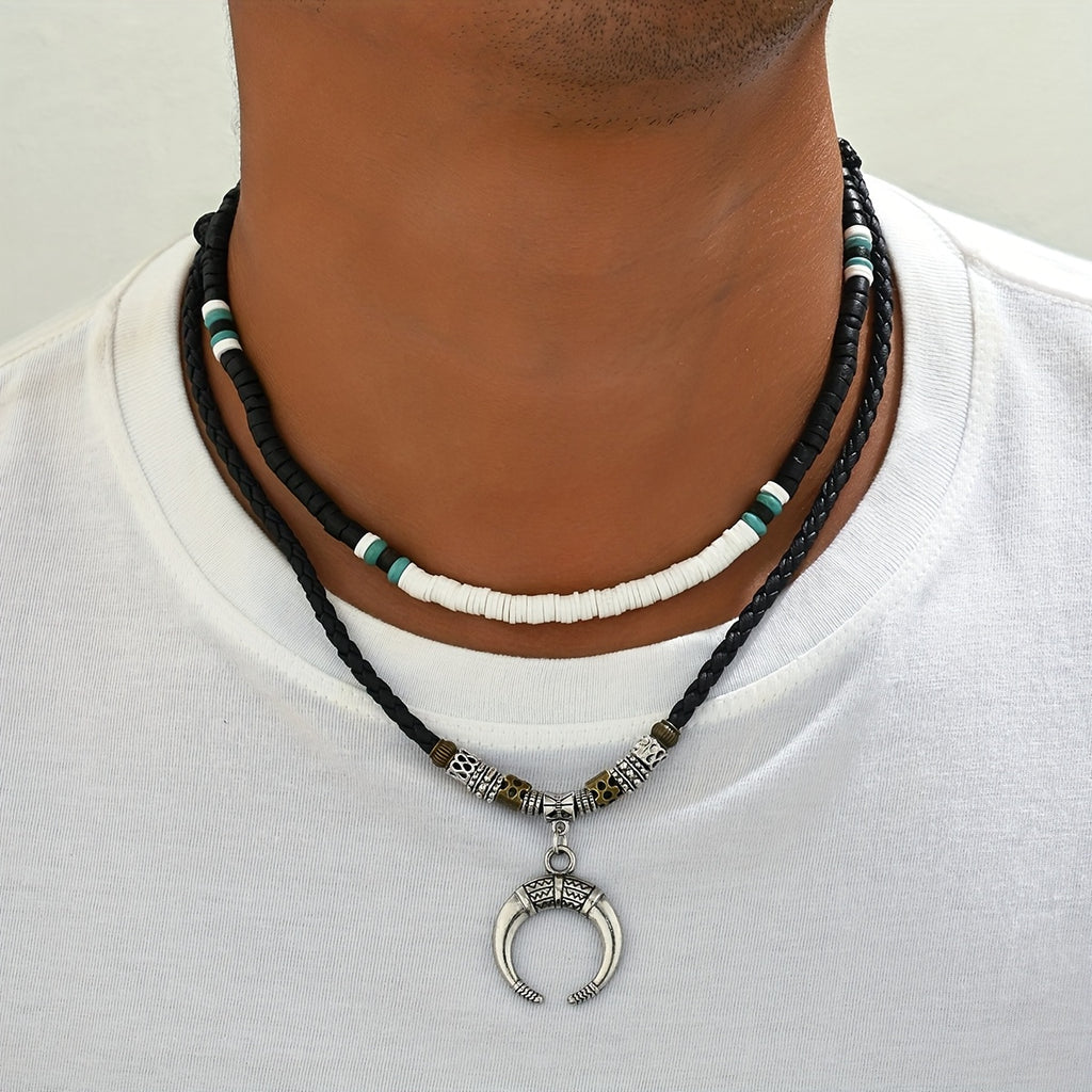 2PCS Men’s Crescent Moon Wooden Bead Necklace Set – Trendy Boho Moon Pendant Style Wood Bead Fashion Necklace