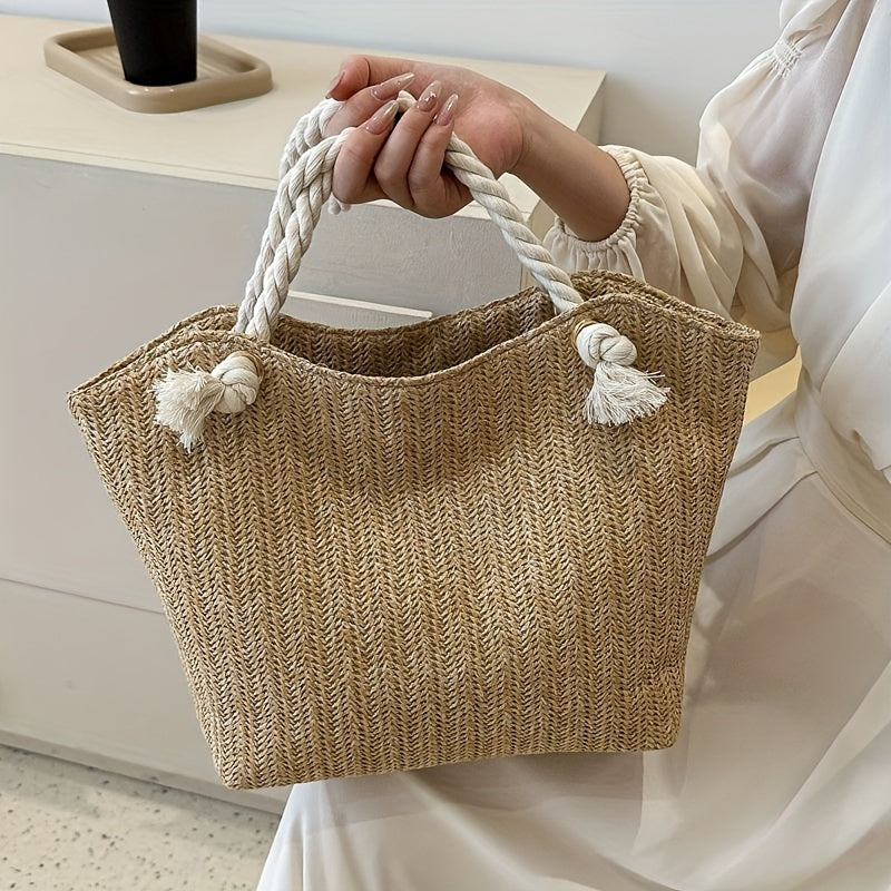 Large Capacity Woven Beach Tote Bag – Solid Color Pastoral Style Shoulder Bag for Vacation & Summer Travel