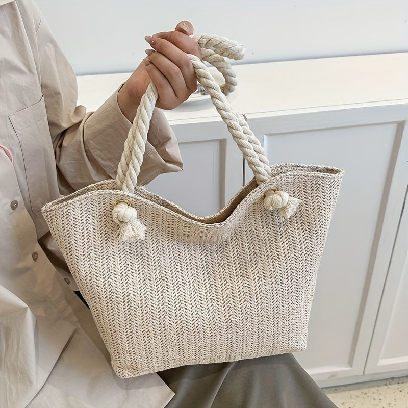 Large Capacity Woven Beach Tote Bag – Solid Color Pastoral Style Shoulder Bag for Vacation & Summer Travel