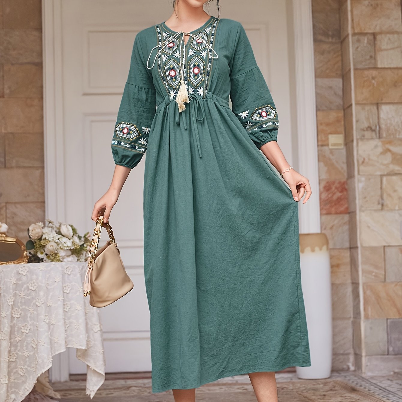 Embroidered Cotton Dress Women | Tie Neck Floral Boho Long Dress with Lantern Sleeves