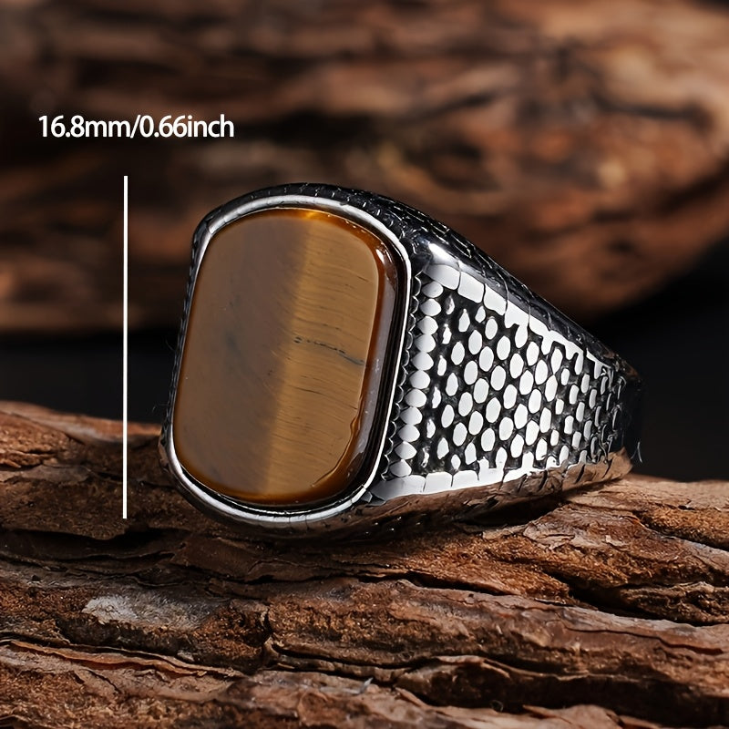 Men’s Vintage 316L Stainless Steel Ring with Natural Tiger’s Eye Stone – Durable Statement Signet Ring for Casual Formal Wear