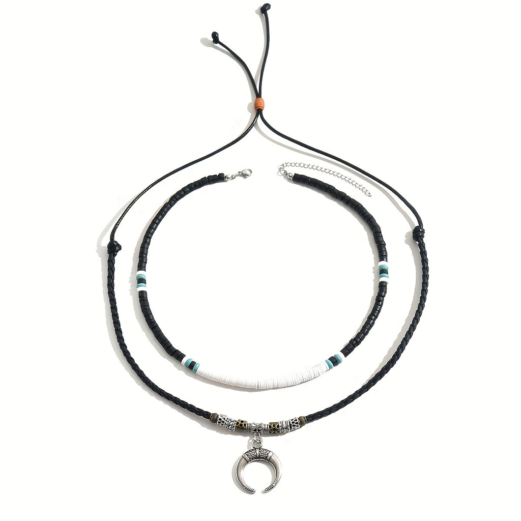 2PCS Men’s Crescent Moon Wooden Bead Necklace Set – Trendy Boho Moon Pendant Style Wood Bead Fashion Necklace