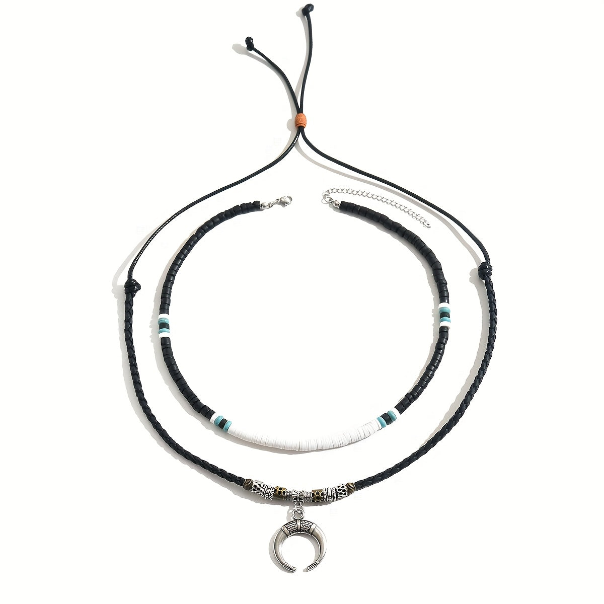 2PCS Men’s Crescent Moon Wooden Bead Necklace Set – Trendy Boho Moon Pendant Style Wood Bead Fashion Necklace