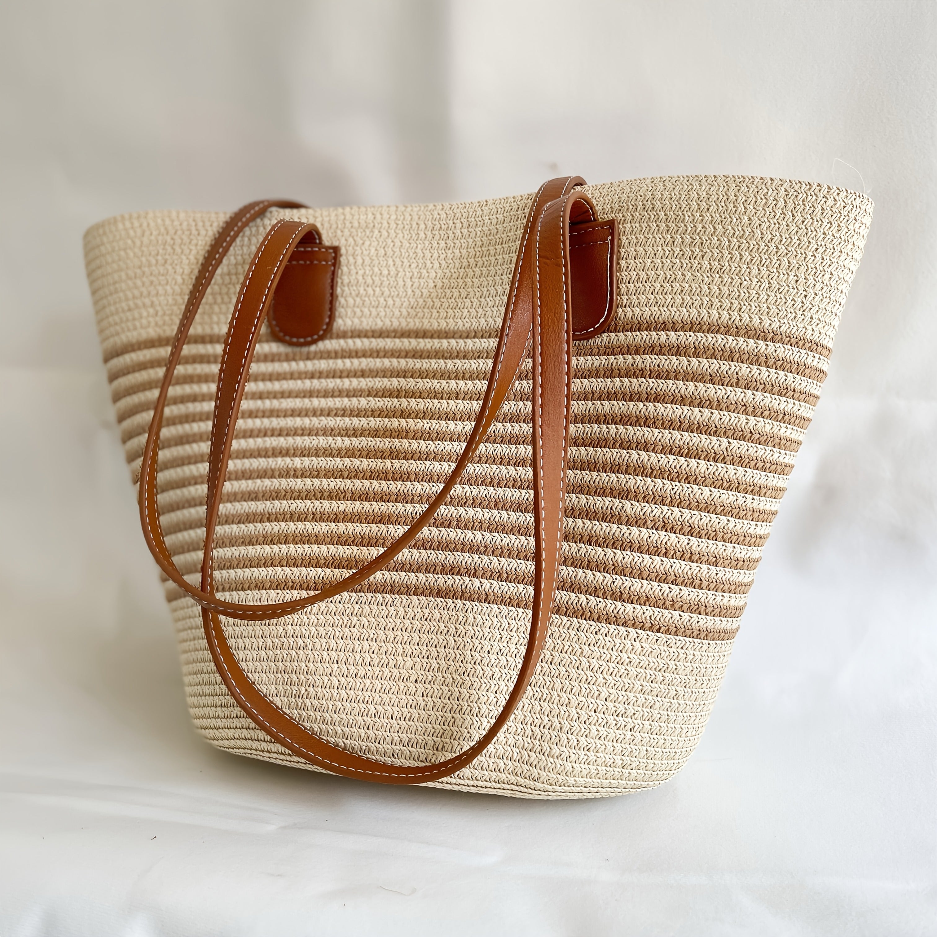 Large Capacity Straw Beach Bag – Handwoven Striped Summer Tote Bag for Vacation & Travel