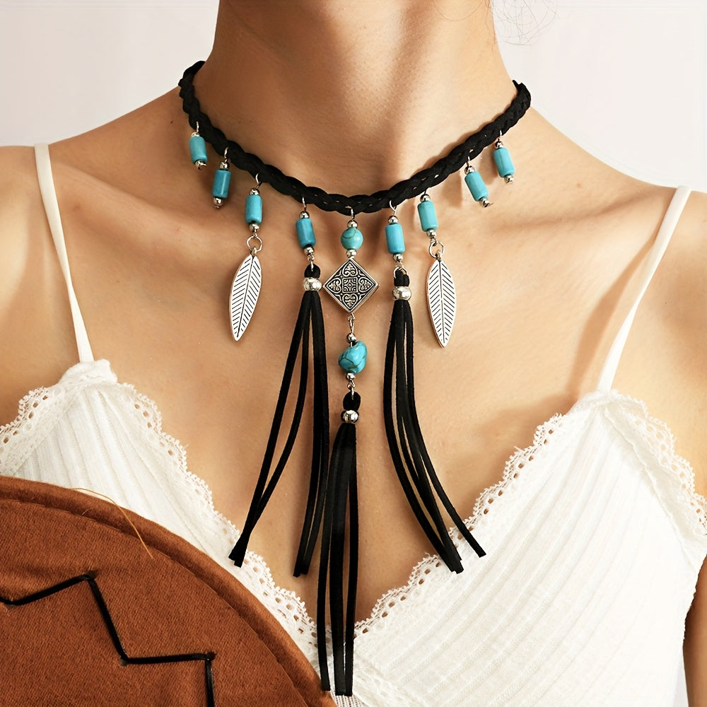 *Bohemian Tassel Necklace with Turquoise Beads – Vintage Black &amp; Brown Women’s Boho Jewelry Gift