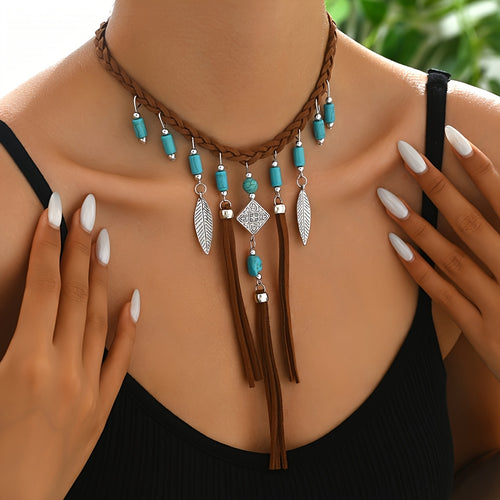 *Bohemian Tassel Necklace with Turquoise Beads – Vintage Black &amp; Brown Women’s Boho Jewelry Gift