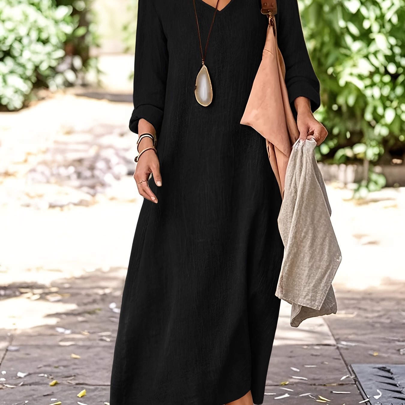 Linen V Neck Dress Women | Spring Autumn Long Sleeve Casual Vacation Dress Elegant A-Line