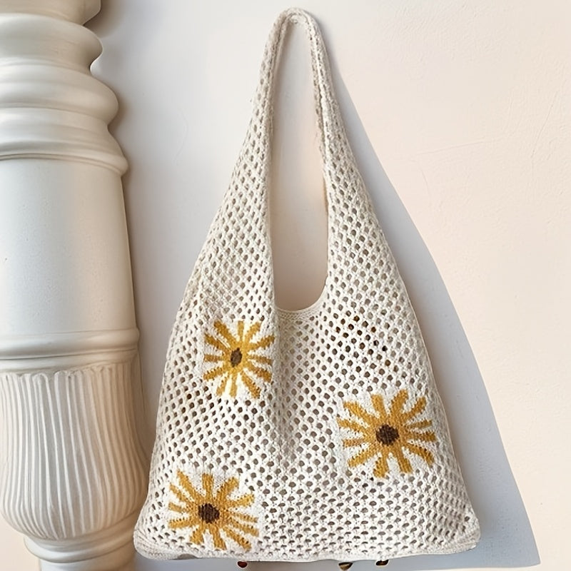 *Knitted Chrysanthemum Pattern Shoulder Bag – Jacquard Woven Floral Tote Bag for Women Casual Boho Style