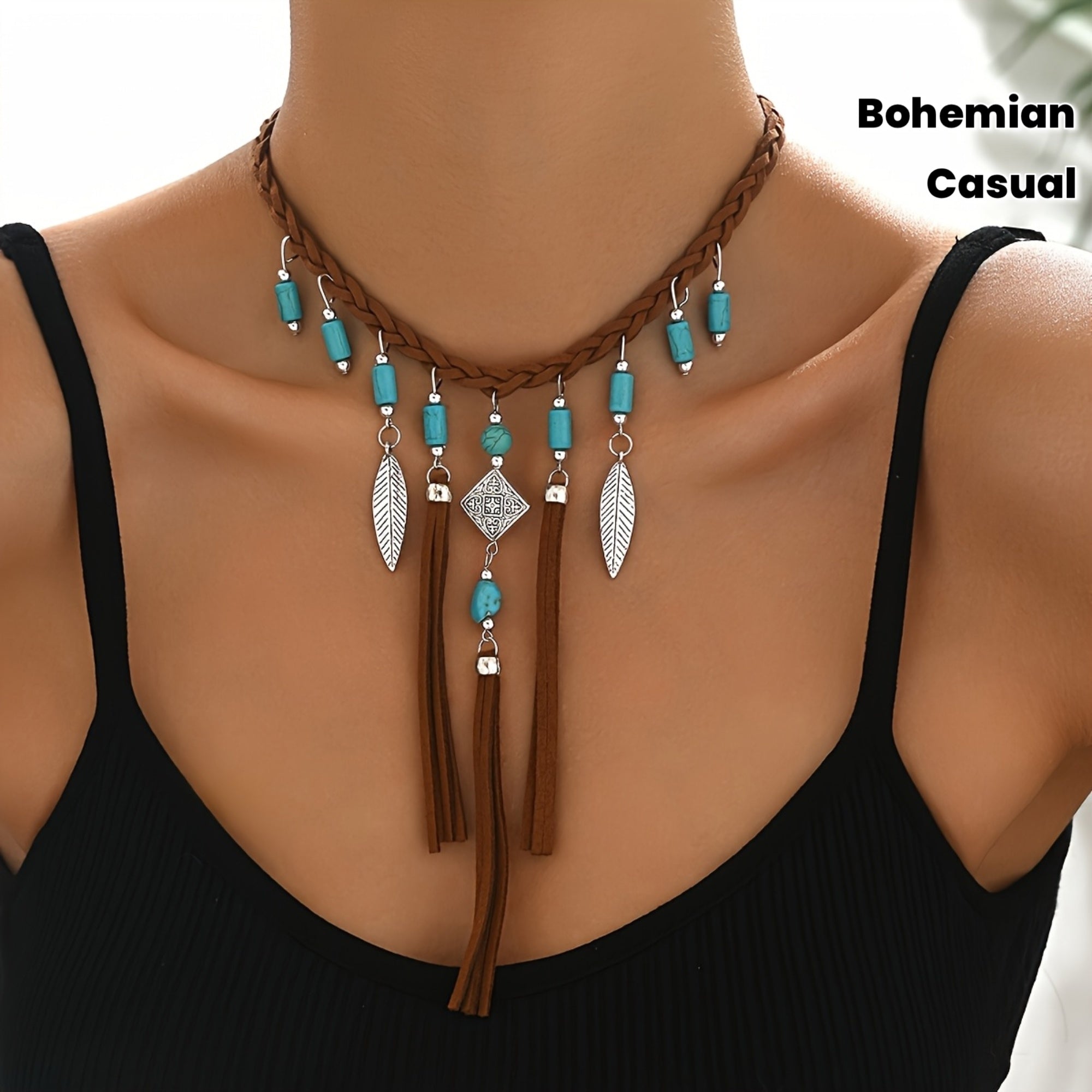 *Bohemian Tassel Necklace with Turquoise Beads – Vintage Black &amp; Brown Women’s Boho Jewelry Gift