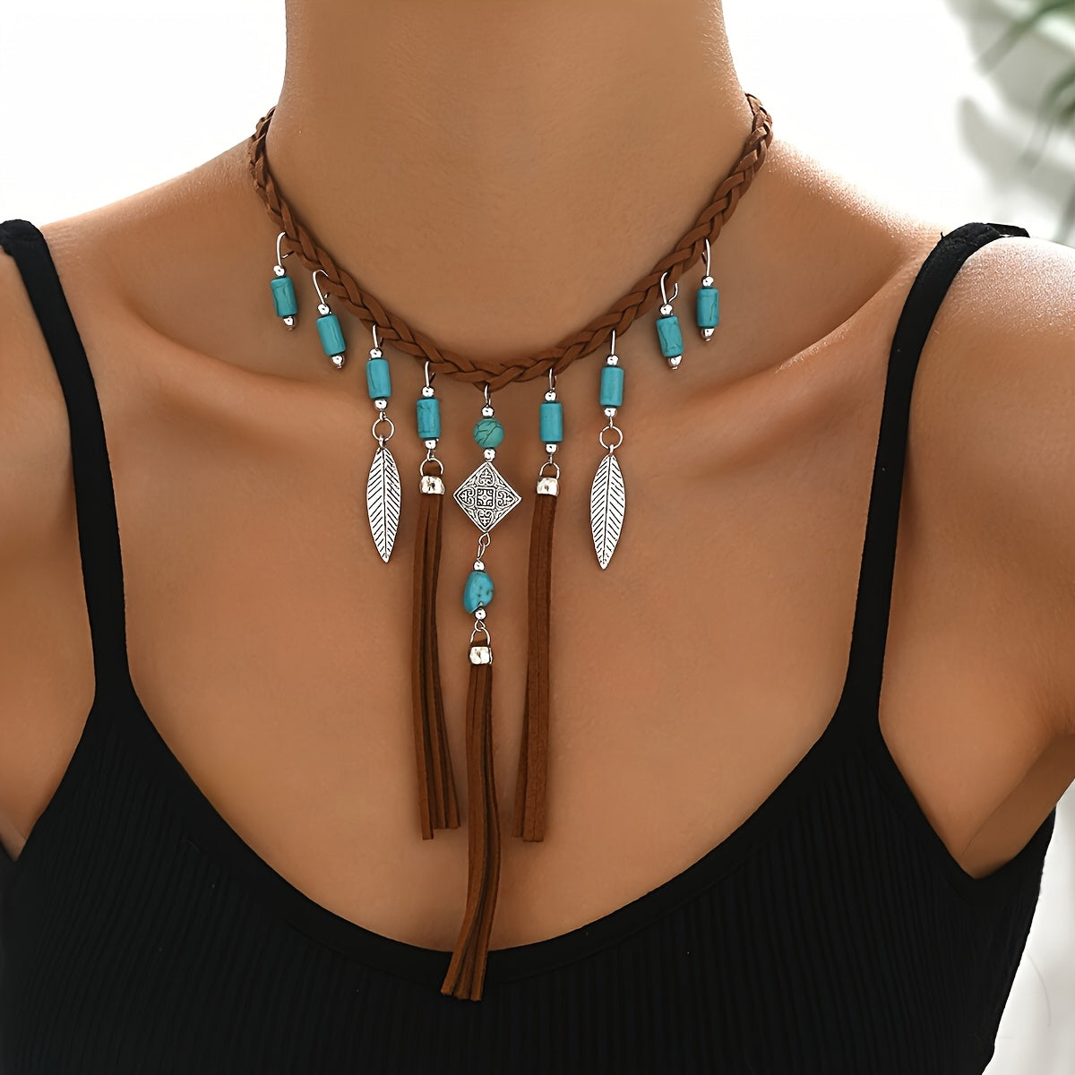 *Bohemian Tassel Necklace with Turquoise Beads – Vintage Black &amp; Brown Women’s Boho Jewelry Gift