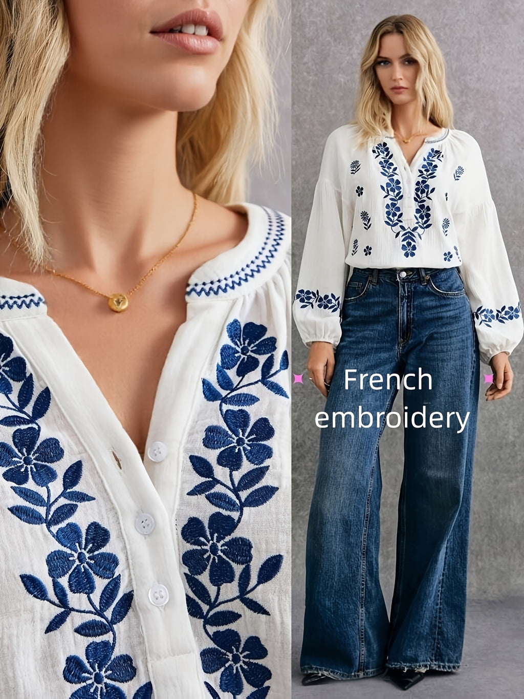 French Style Embroidered White Cotton Shirt for Women | Breathable Long Sleeve Casual Blouse