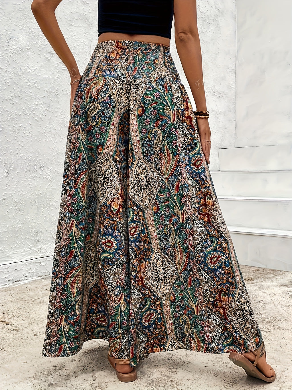 Bohemian Style Wide Leg Pants Women | High Waisted Elastic Casual Trousers for Spring Summer Autumn