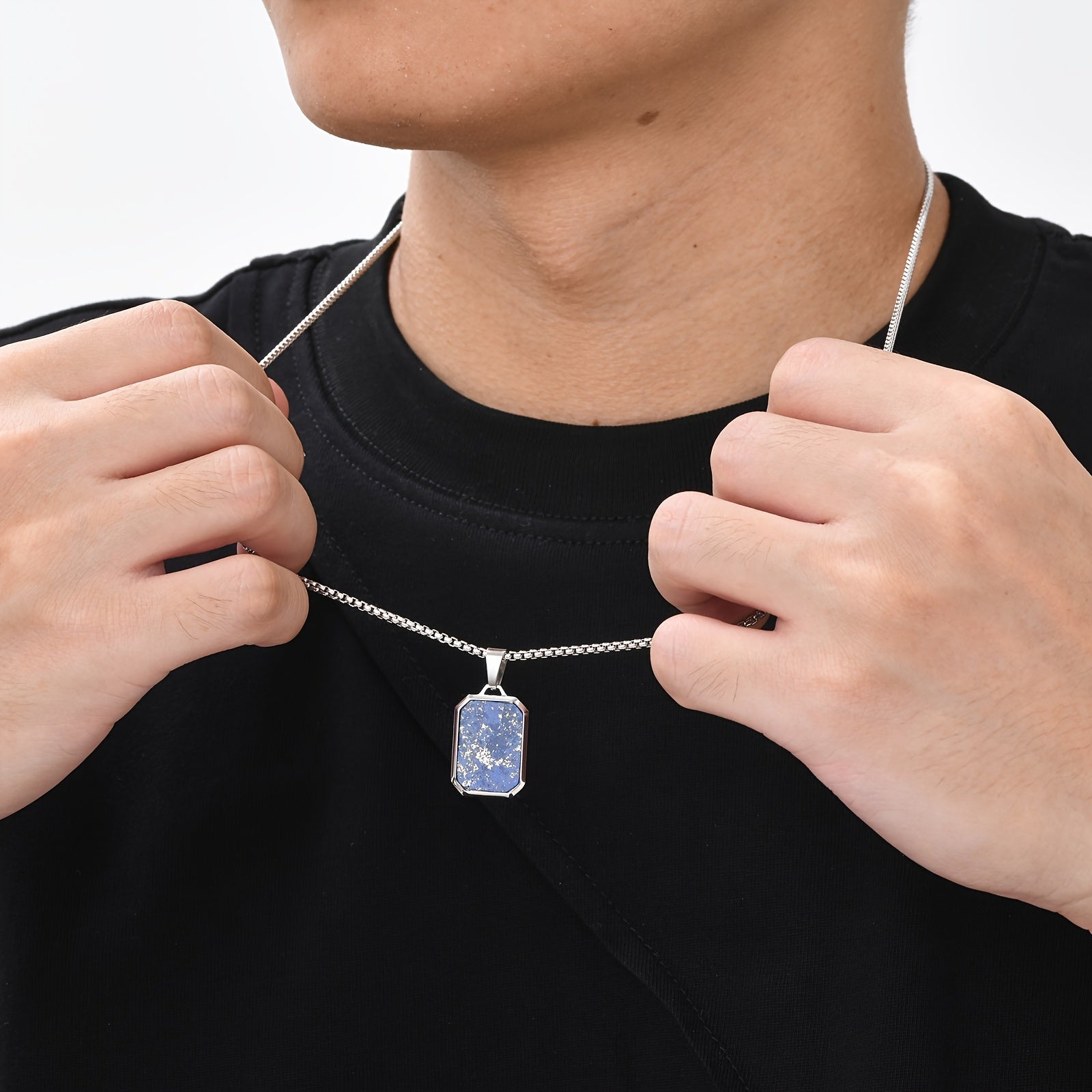 *Men’s 3D Rectangular Natural Stone Pendant Necklace – Green & Brown Geometric Stainless Steel Jewelry | Fashion Gift for Him