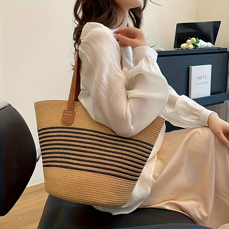 Large Capacity Straw Beach Bag – Handwoven Striped Summer Tote Bag for Vacation & Travel
