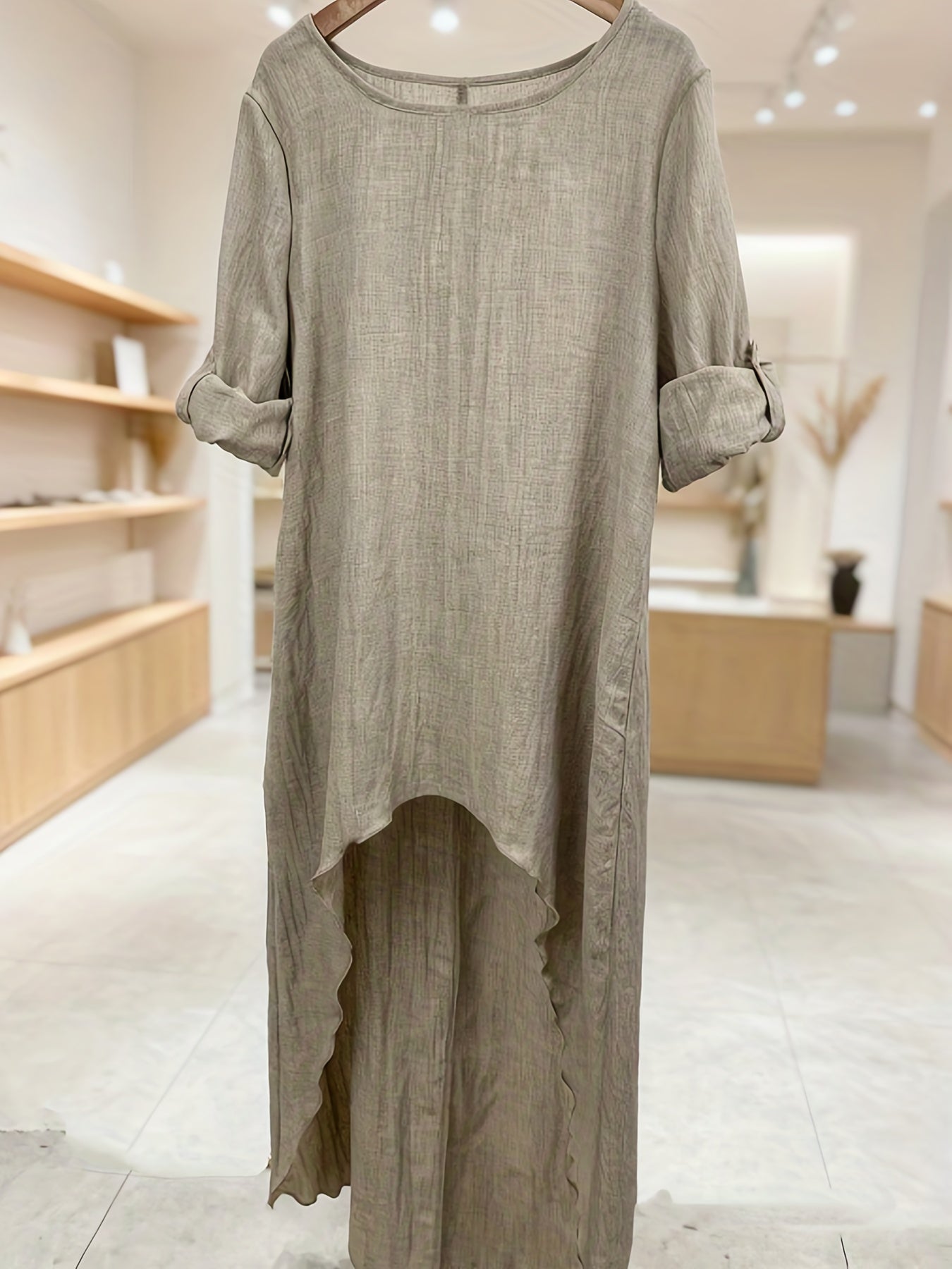 *Women’s Linen Asymmetrical Long Top – Loose Fit Vintage Tunic with Dipped Hem for Spring & Autumn