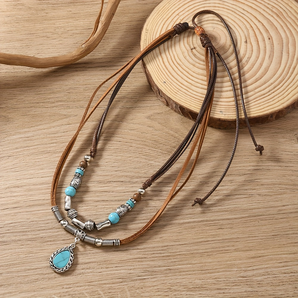 Bohemian Turquoise Multi-Layer Necklace with Braided PU Cord – Women’s Alloy Pendant Jewelry