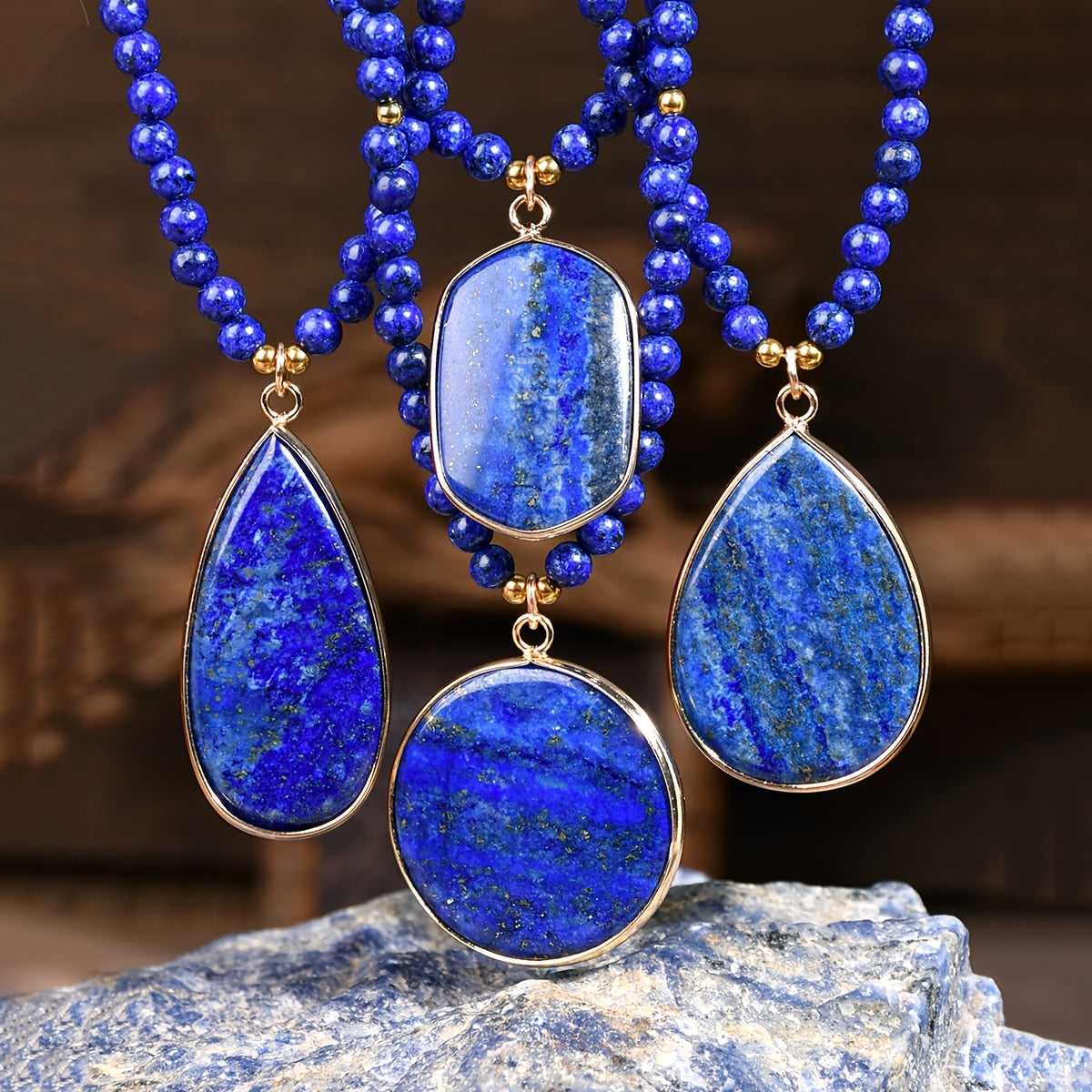 Bohemian Natural Lapis Lazuli Beaded Necklace with Teardrop Pendant – Elegant Boho Stone Necklace for Women