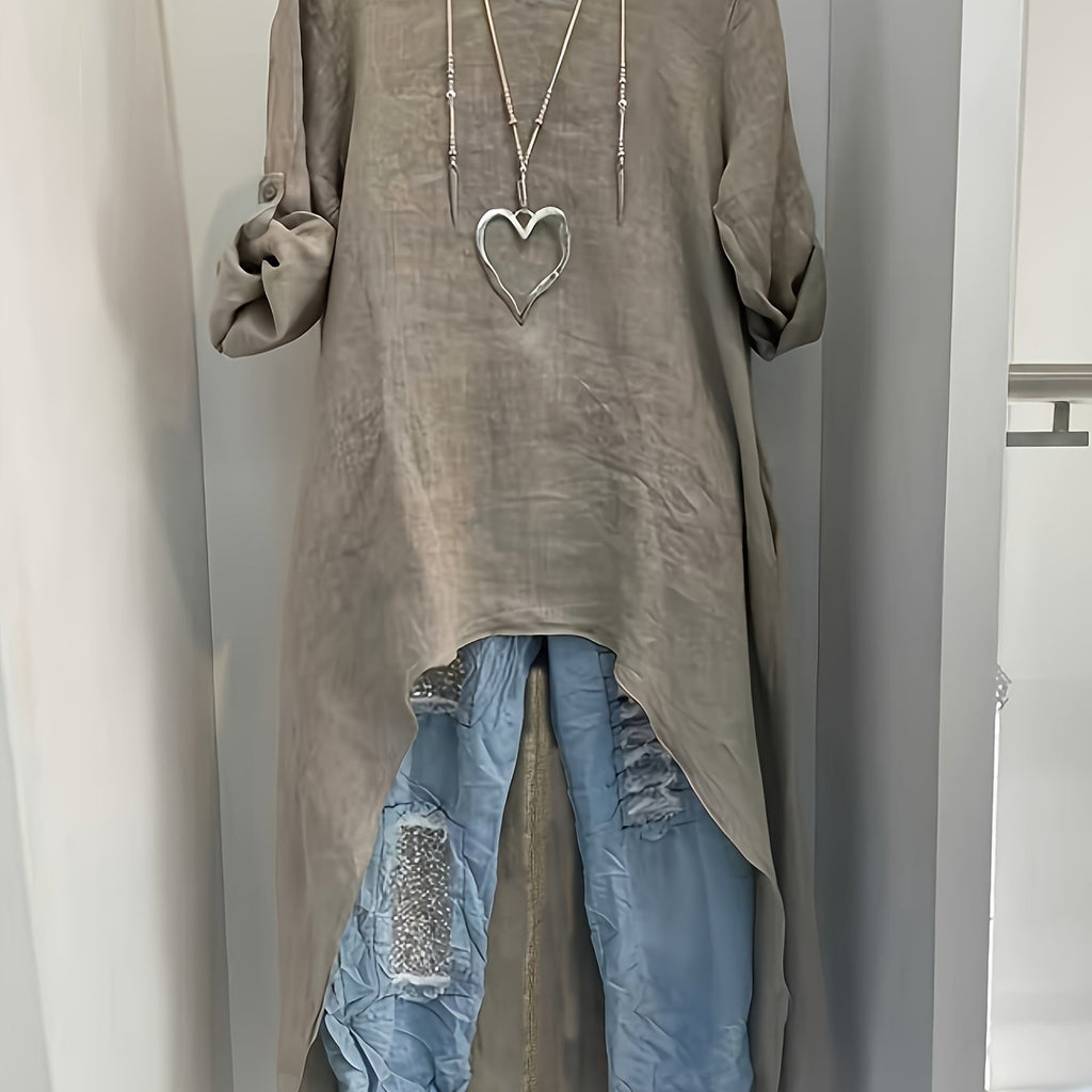 *Women’s Linen Asymmetrical Long Top – Loose Fit Vintage Tunic with Dipped Hem for Spring & Autumn