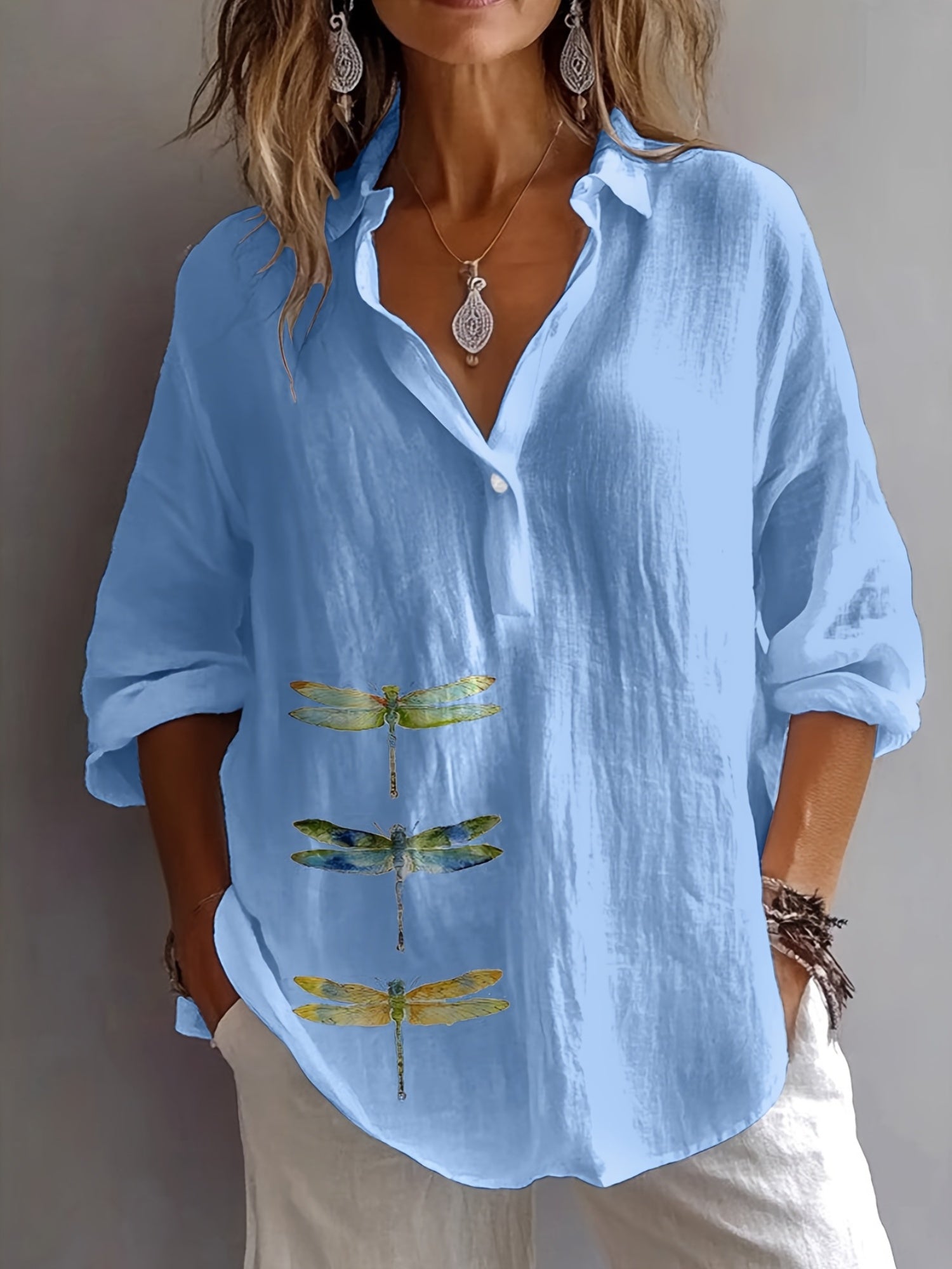 Women’s Cotton Dragonfly Cardigan Top – Button Front Loose Fit Casual Lightweight Knit for All Seasons